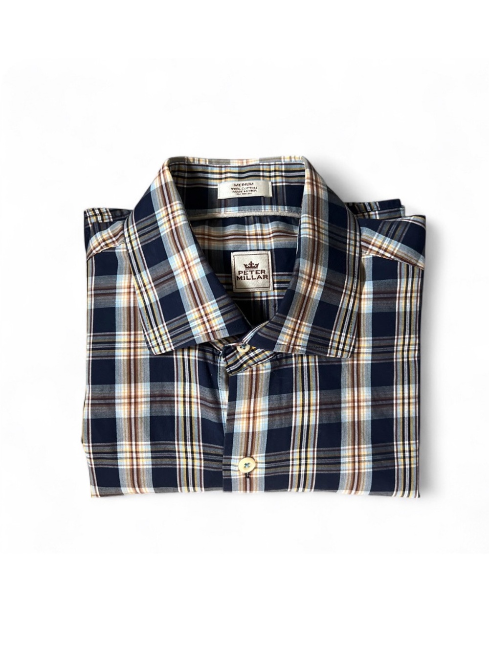 Peter Millar Men's Plaid Button Down 100% Cotton Shirt in Blue & Brown Size M